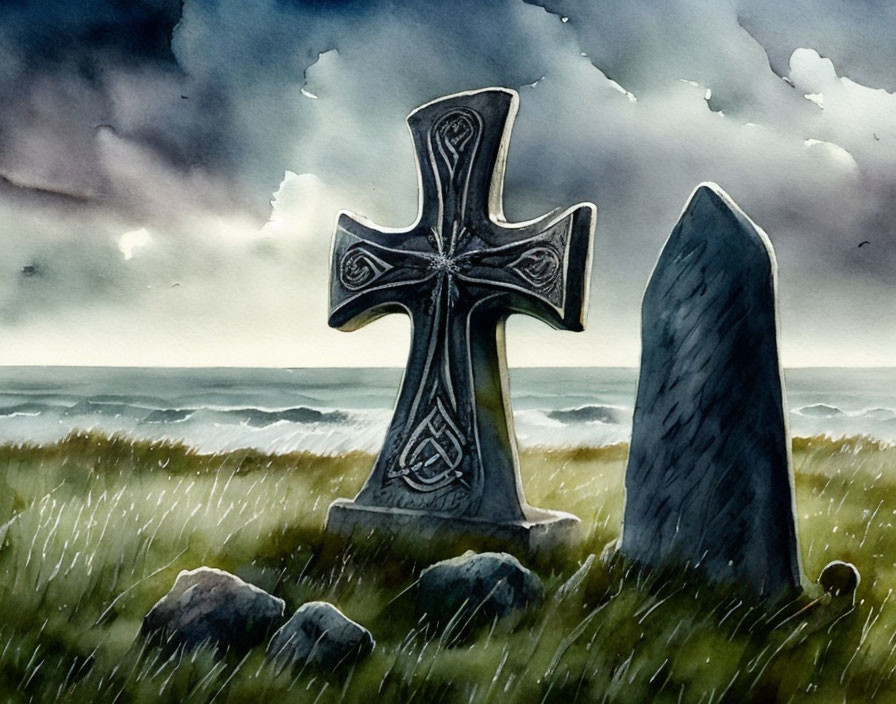 Celtic cross tombstone and slab in grassy field under stormy sky