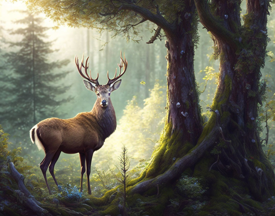 Majestic deer with prominent antlers in enchanted forest