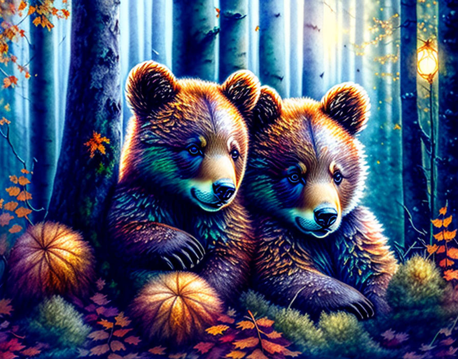 Colorful Forest Scene: Two Bears Amid Sunbeams and Autumn Leaves