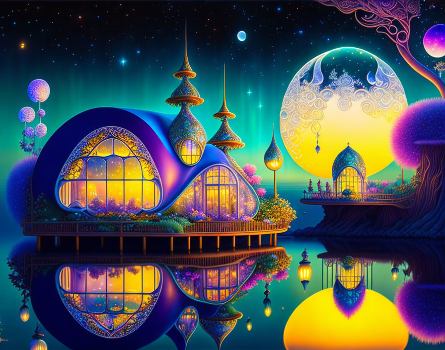 Vibrant whimsical night scene with glowing buildings and crescent moon.