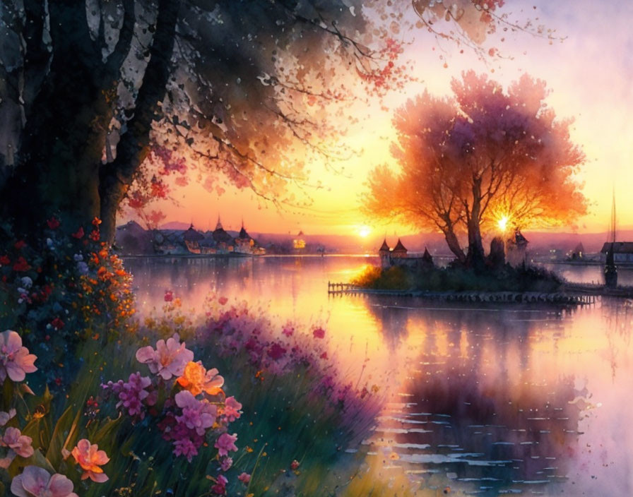 Scenic sunset painting by a lake with flowers, houses, and tree reflections