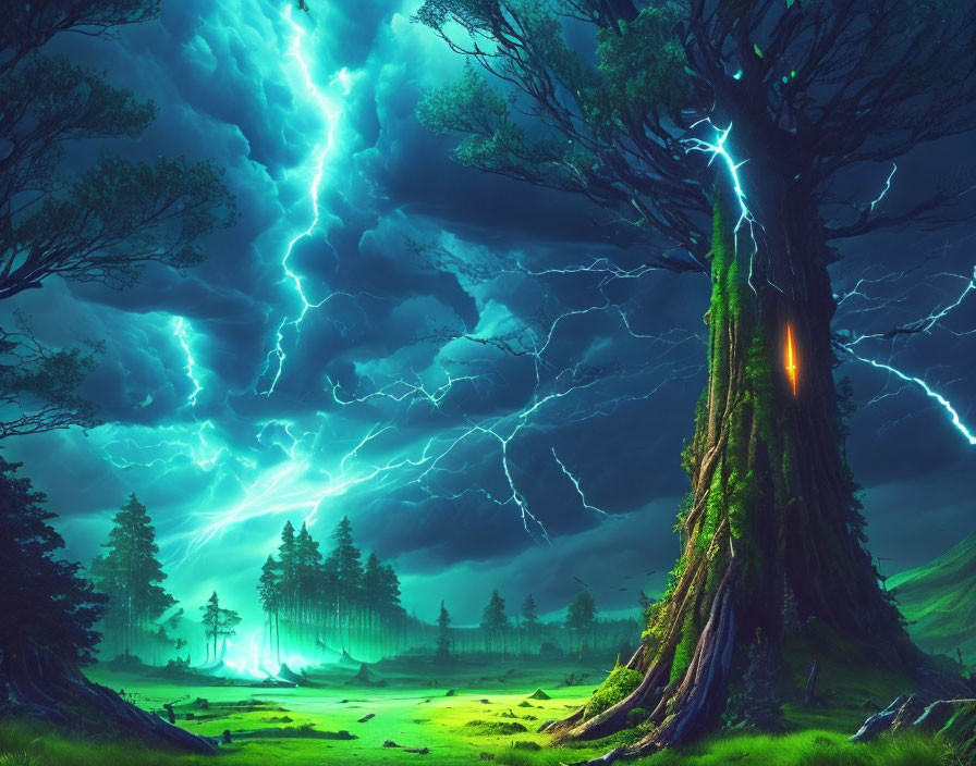 Mystical forest artwork with ancient tree and lightning storm