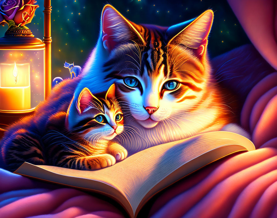 Two colorful cats beside an open book and candle in warm light