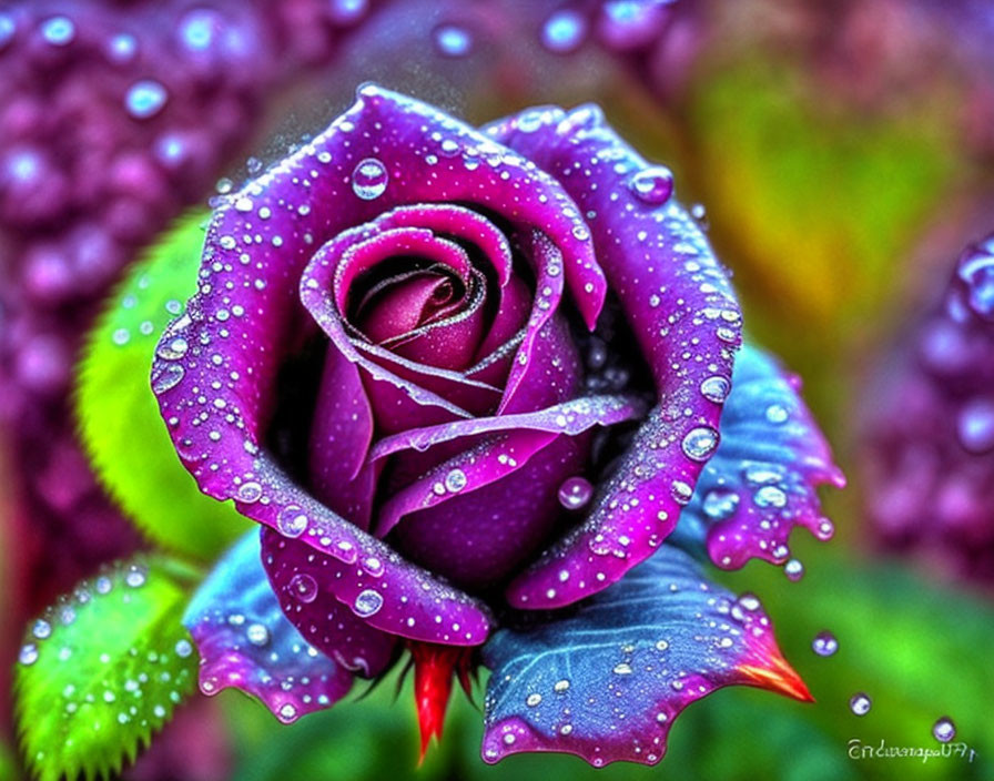 Vibrant Purple Rose with Dewdrops on Petals and Green Foliage