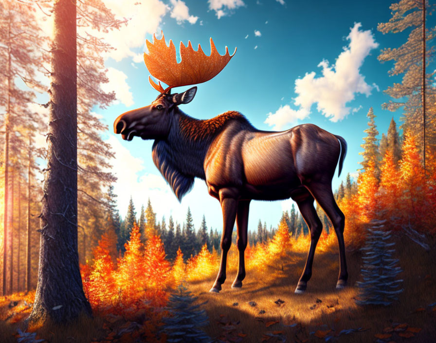 Majestic moose in vibrant autumn forest with tall pine trees