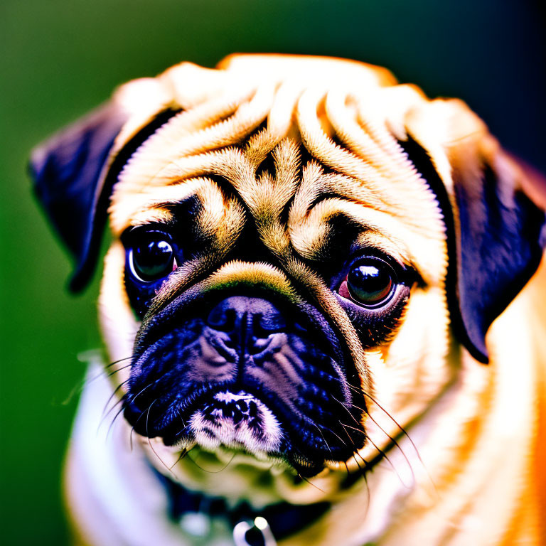 Wrinkled-faced pug with big eyes on green background