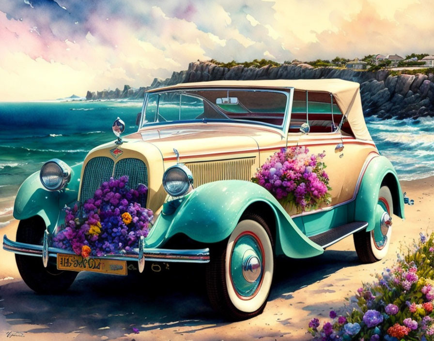 Vintage Convertible Car with Flowers at Sunny Beachside