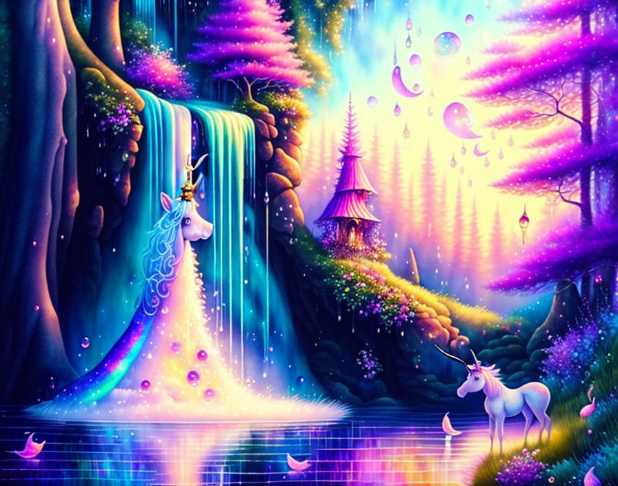 Fantasy landscape with waterfall, unicorn, and colorful flora