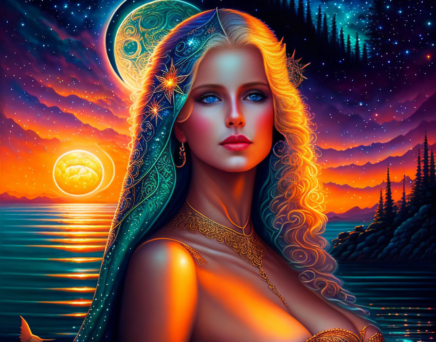 Mythical woman digital art portrait with blonde hair and ornate headgear against sunset lake landscape