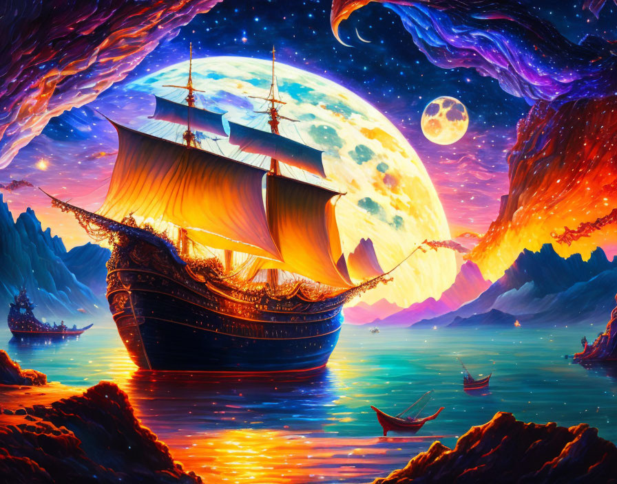 Colorful sailing ship painting on luminous sea with celestial sky and full moon.