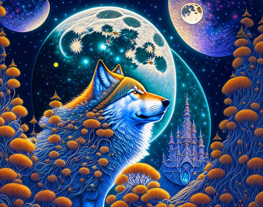 Colorful Wolf Artwork with Cosmic Moon, Dandelions, Castle & Stars