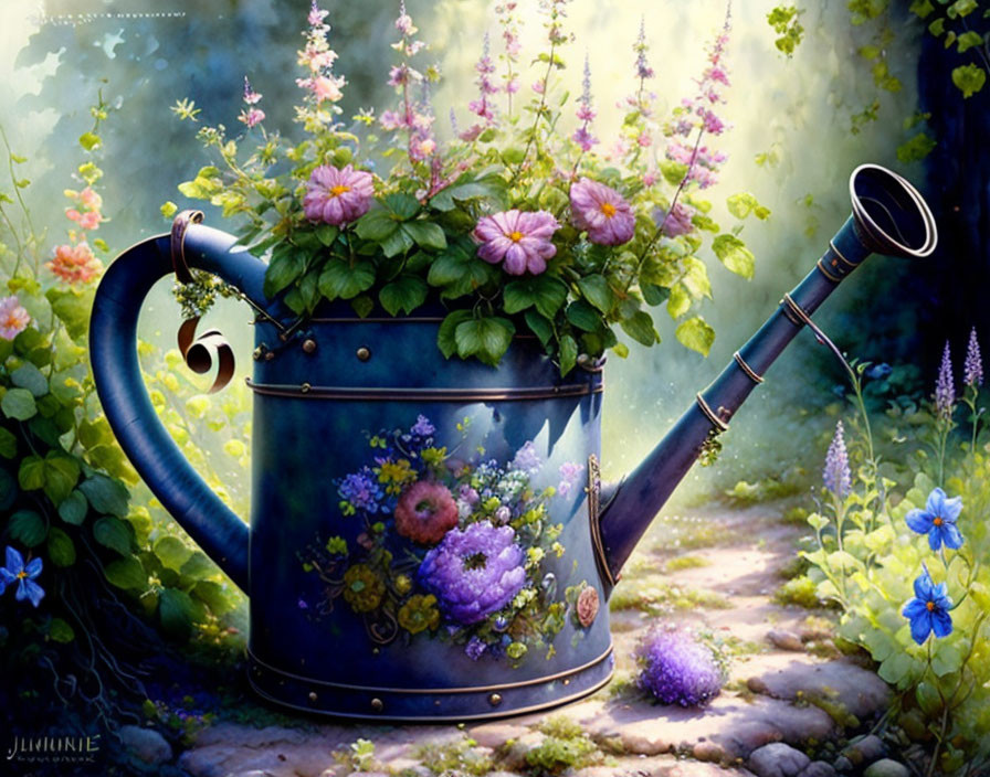 Colorful painting of overflowing watering can with flowers in sunny forest scene