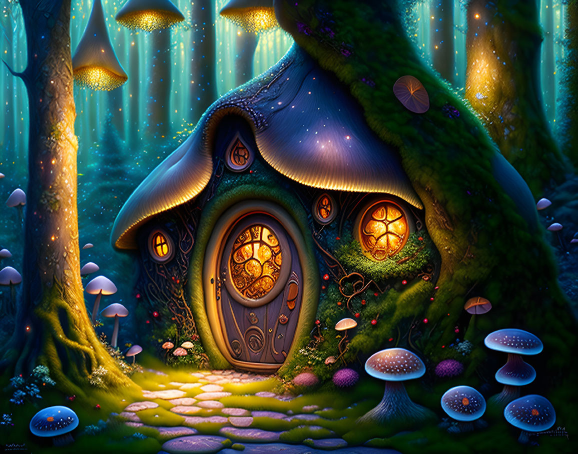 Whimsical mushroom house in magical forest with glowing lights