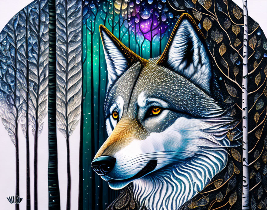 Colorful wolf head illustration with intricate patterns and feathers.