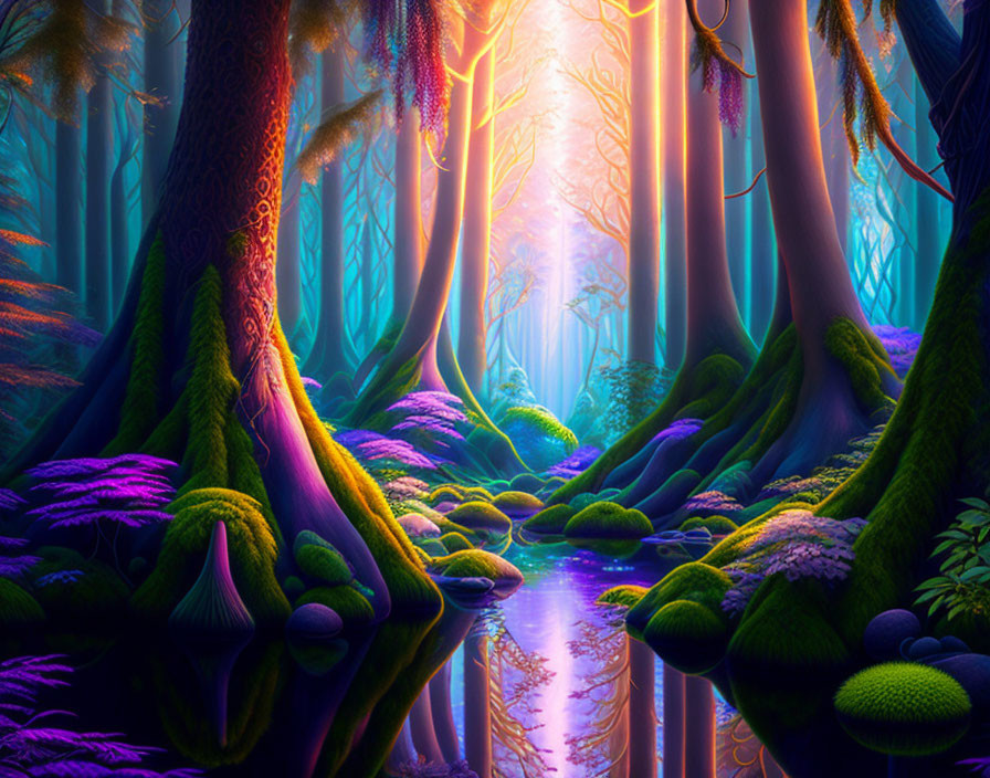 Vivid Purple and Green Fantasy Forest with Glowing Light and Reflective Stream