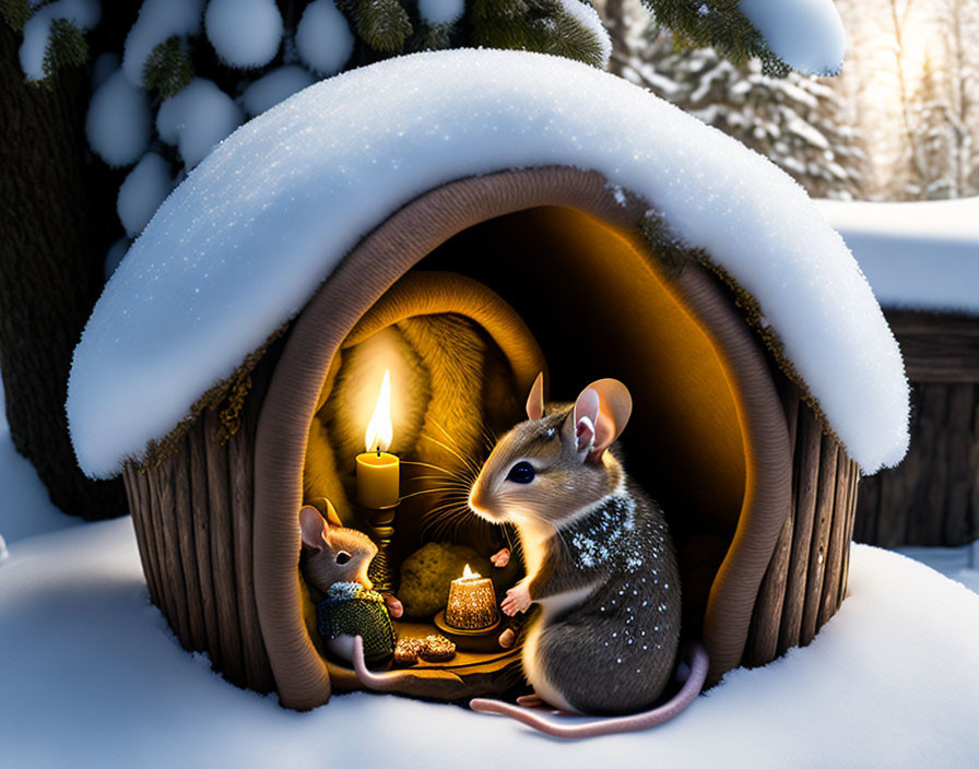 Animated mice in snow-covered log house with candle in wintry forest.