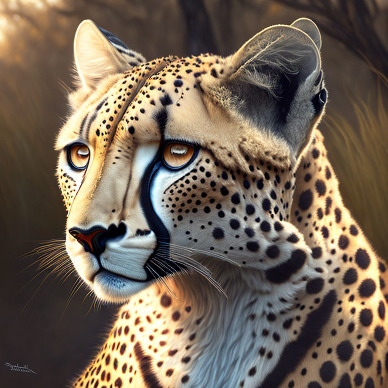 Detailed hyper-realistic digital cheetah illustration with spotted coat and amber eyes