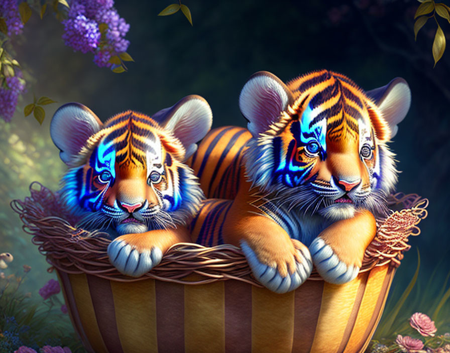 Illustrated tiger cubs with blue and orange stripes in lush forest scene