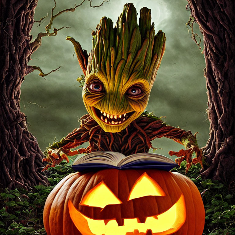 Baby Groot with mischievous grin by glowing pumpkin, holding book in eerie forest