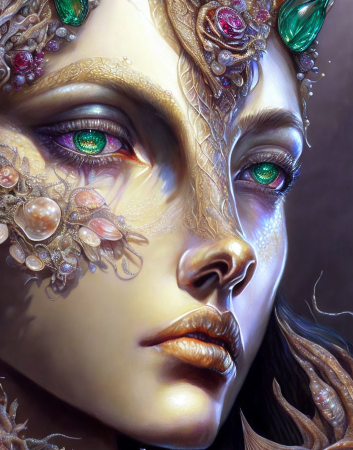 Fantastical figure with gem-encrusted skin and emerald eyes