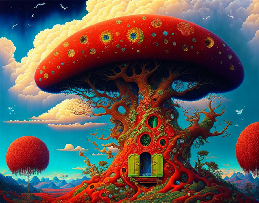 Colorful fantasy landscape with large red mushroom, intricate patterns, door, and blue sky