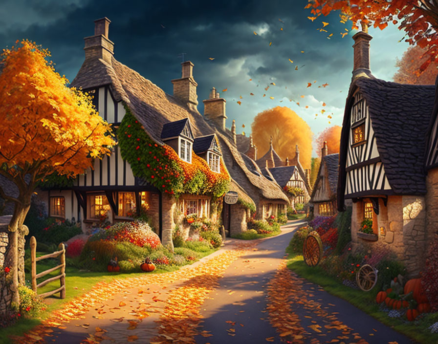 Quaint village autumn scene with half-timbered houses and falling golden leaves