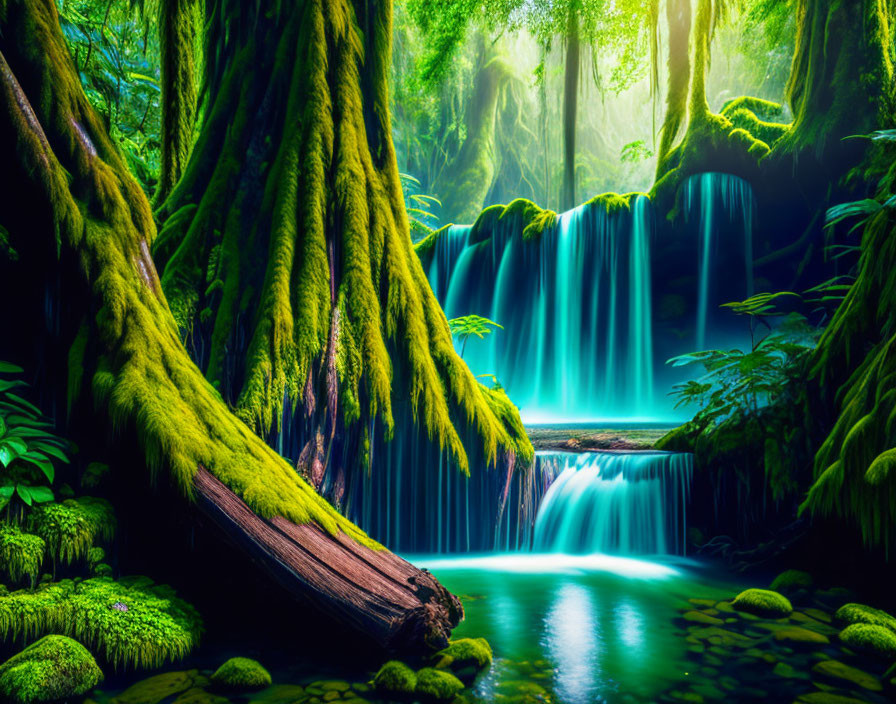 Serene waterfall in lush forest with moss-covered trees