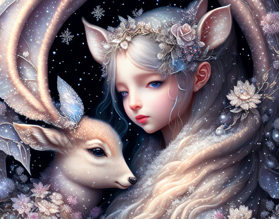 Portrait of girl with elfin ears and fawn in mystical setting