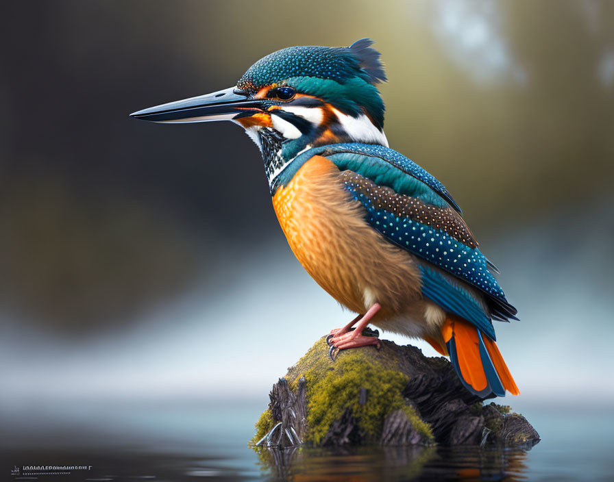 Colorful Common Kingfisher on Mossy Stone by Water