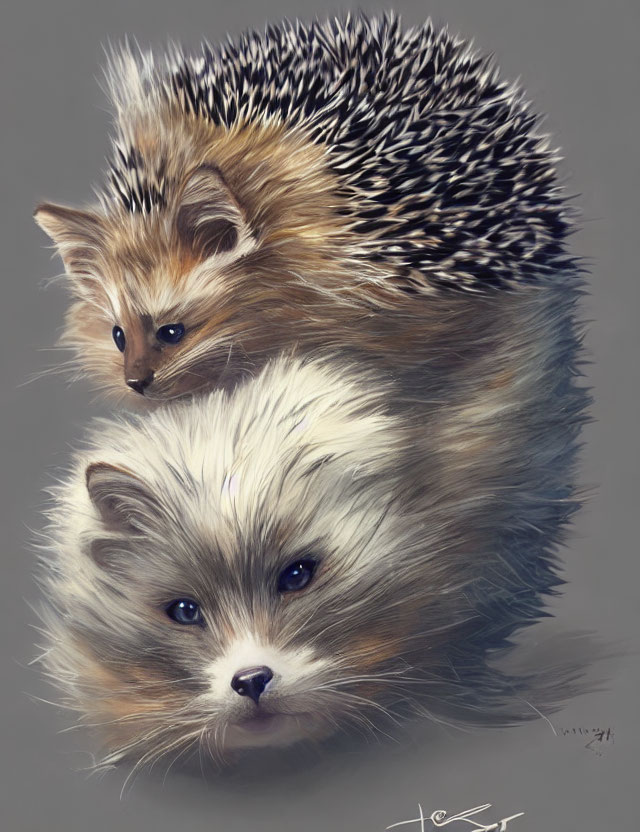 Illustration of hedgehog body with fennec fox and raccoon heads