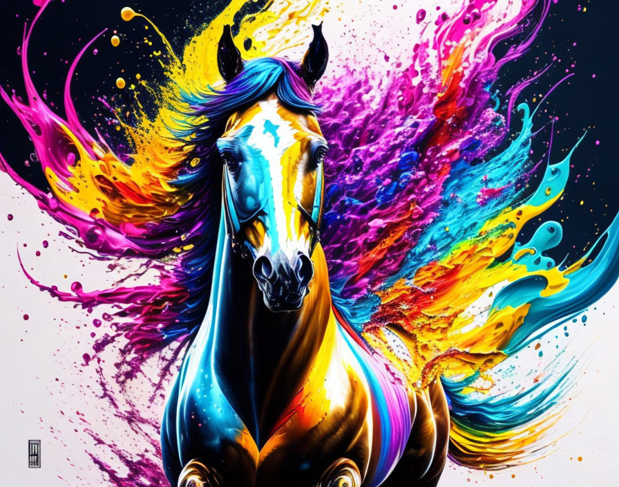 Vibrant digital artwork: Colorful horse with paint splash mane