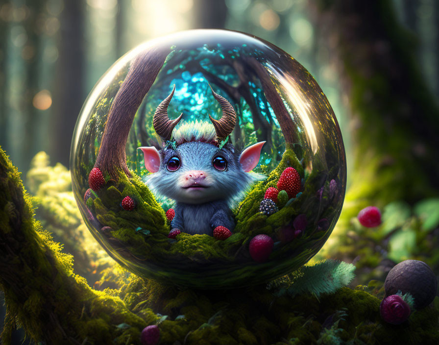 Horned creature in transparent sphere amid lush forest scenery