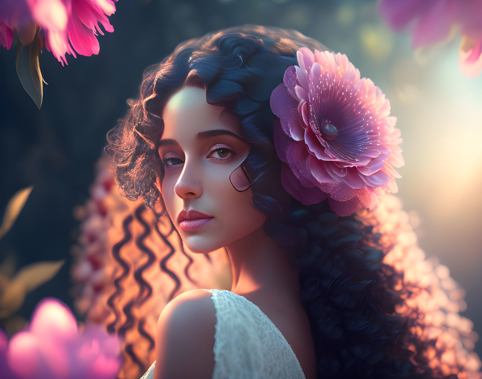 Curly Haired Woman with Pink Flower in Dreamy Pink Blossom Setting