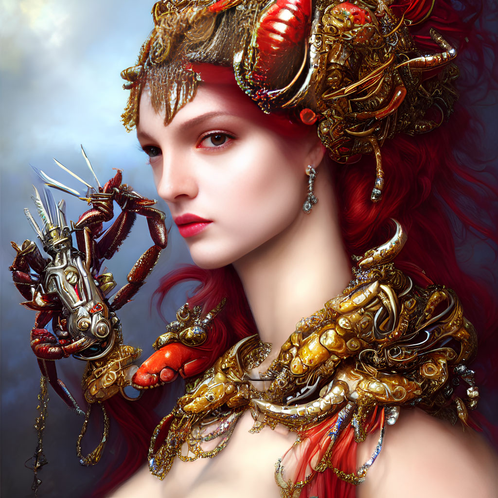 Digital Artwork: Woman with Red Hair, Golden Crab Headgear, Mechanical Claw Hand