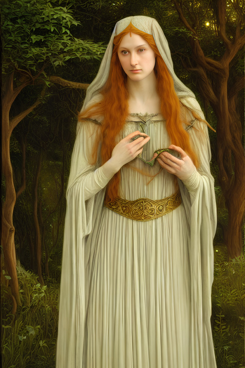 Medieval woman in flowy gown with green plant in forest