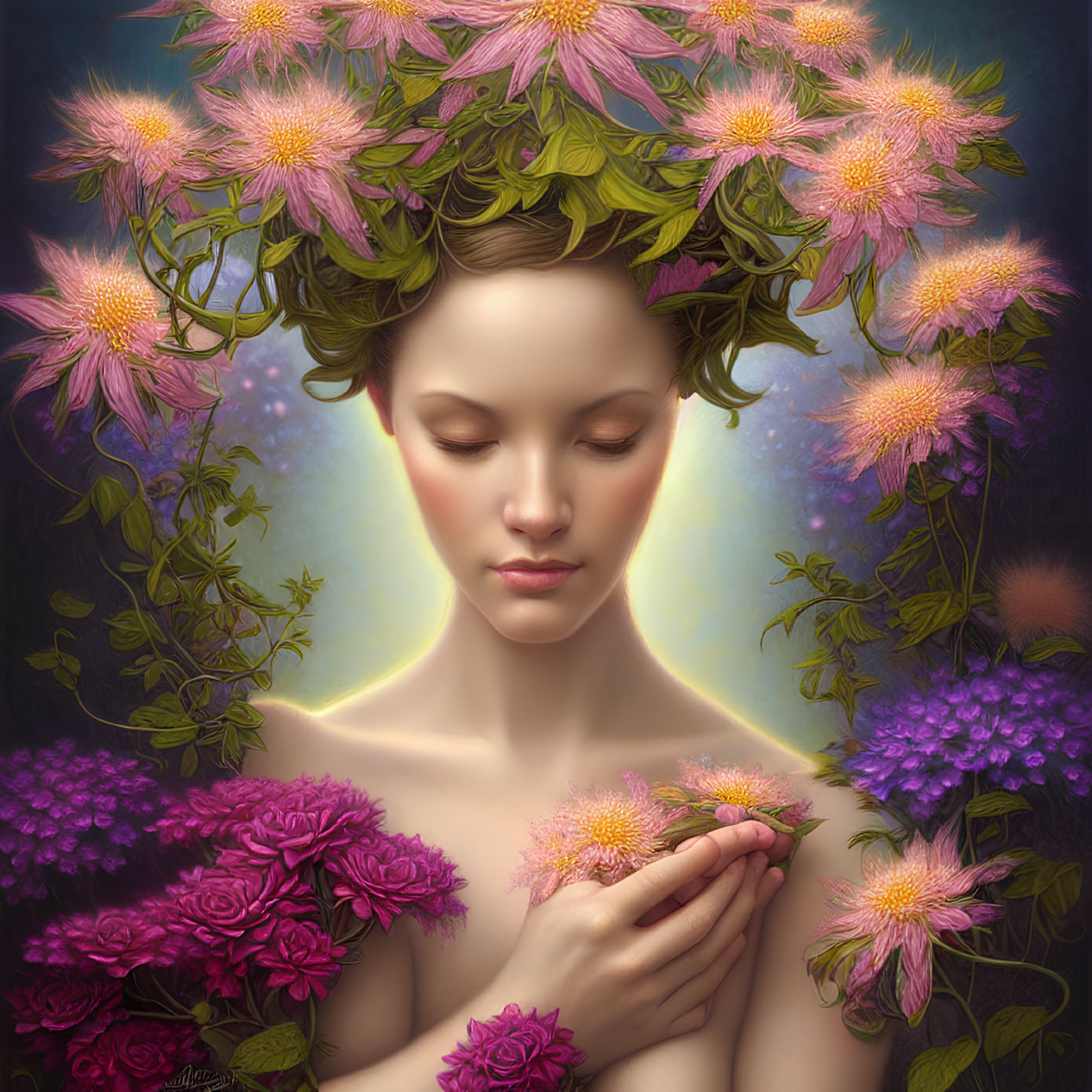 Person with Closed Eyes Crowned by Pink Flowers Holding Blossom in Floral Surroundings