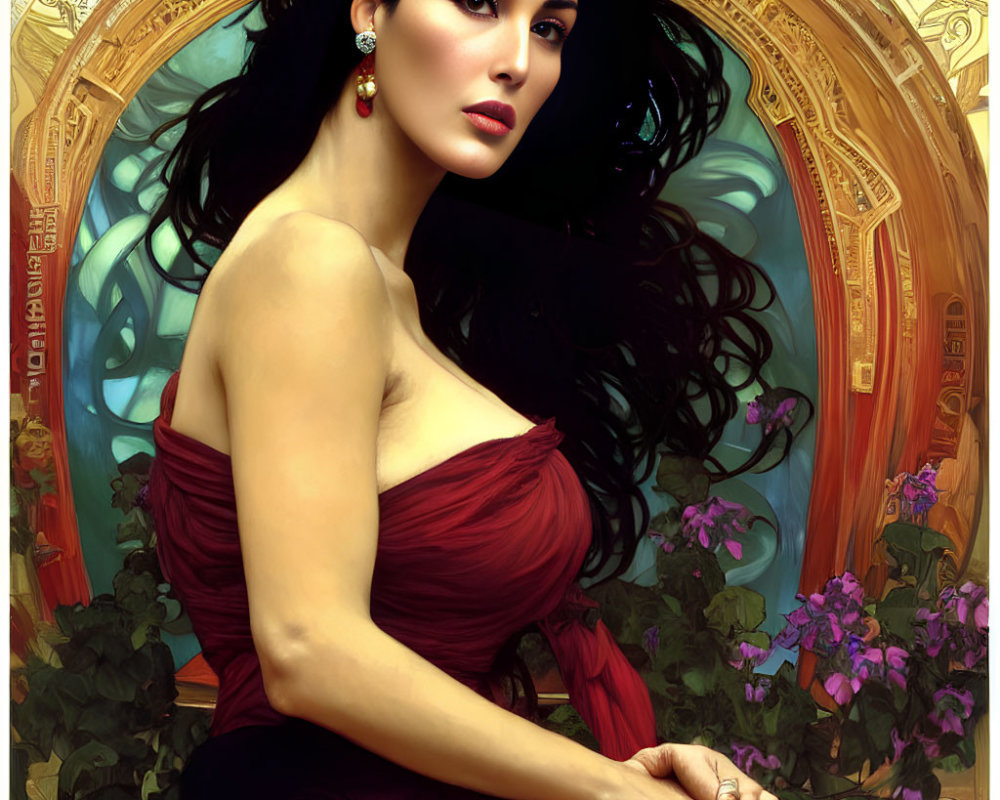 Digital painting of woman in red dress against golden archway