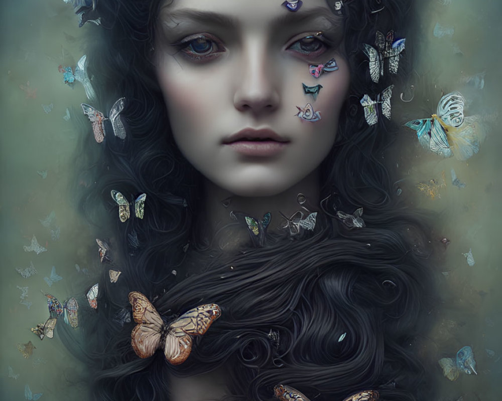 Digital artwork: Woman with dark hair and colorful butterflies on misty teal background