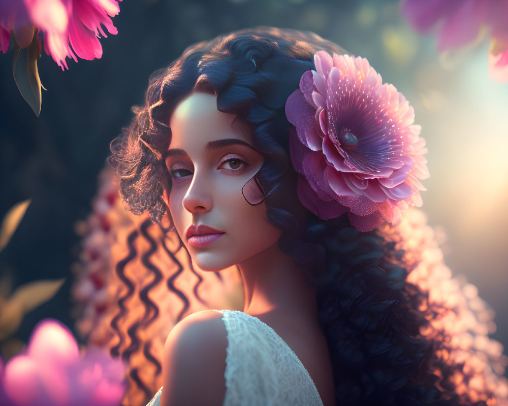 Curly Haired Woman with Pink Flower in Dreamy Pink Blossom Setting