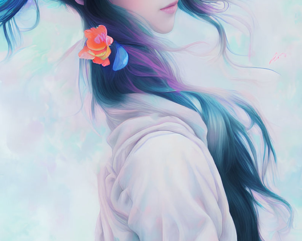 Woman with Long Dark Hair and Orange Flower Illustration on Pastel Background