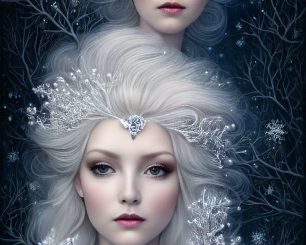 Ethereal women with silver crowns in wintry setting