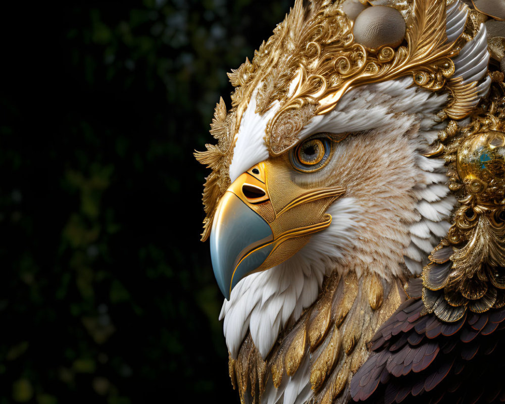 Digital artwork of majestic eagle in golden armor on dark background
