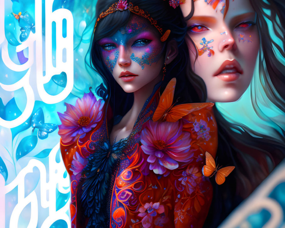 Digital artwork featuring two women with ornate makeup and floral adornments, surrounded by butterflies on a blue