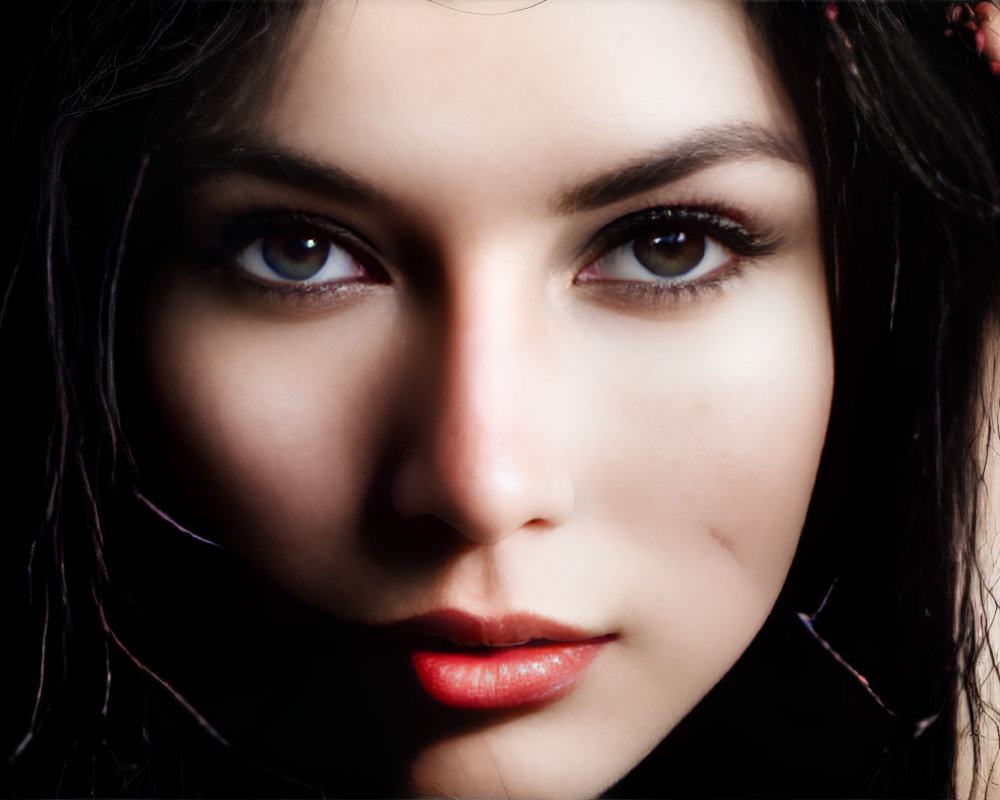 Portrait of Woman with Dark Hair and Intense Gaze