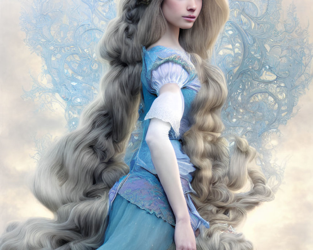 Woman with Long Flowing Hair in Blue Fantasy Dress and Floral Hair Accents