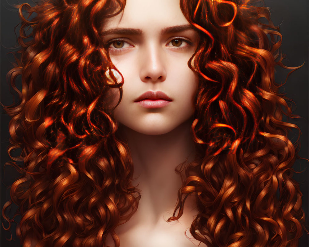 Portrait of a person with voluminous red hair and gray eyes