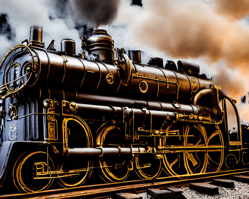 Vintage Black and Gold Steam Locomotive Against Dramatic Sky