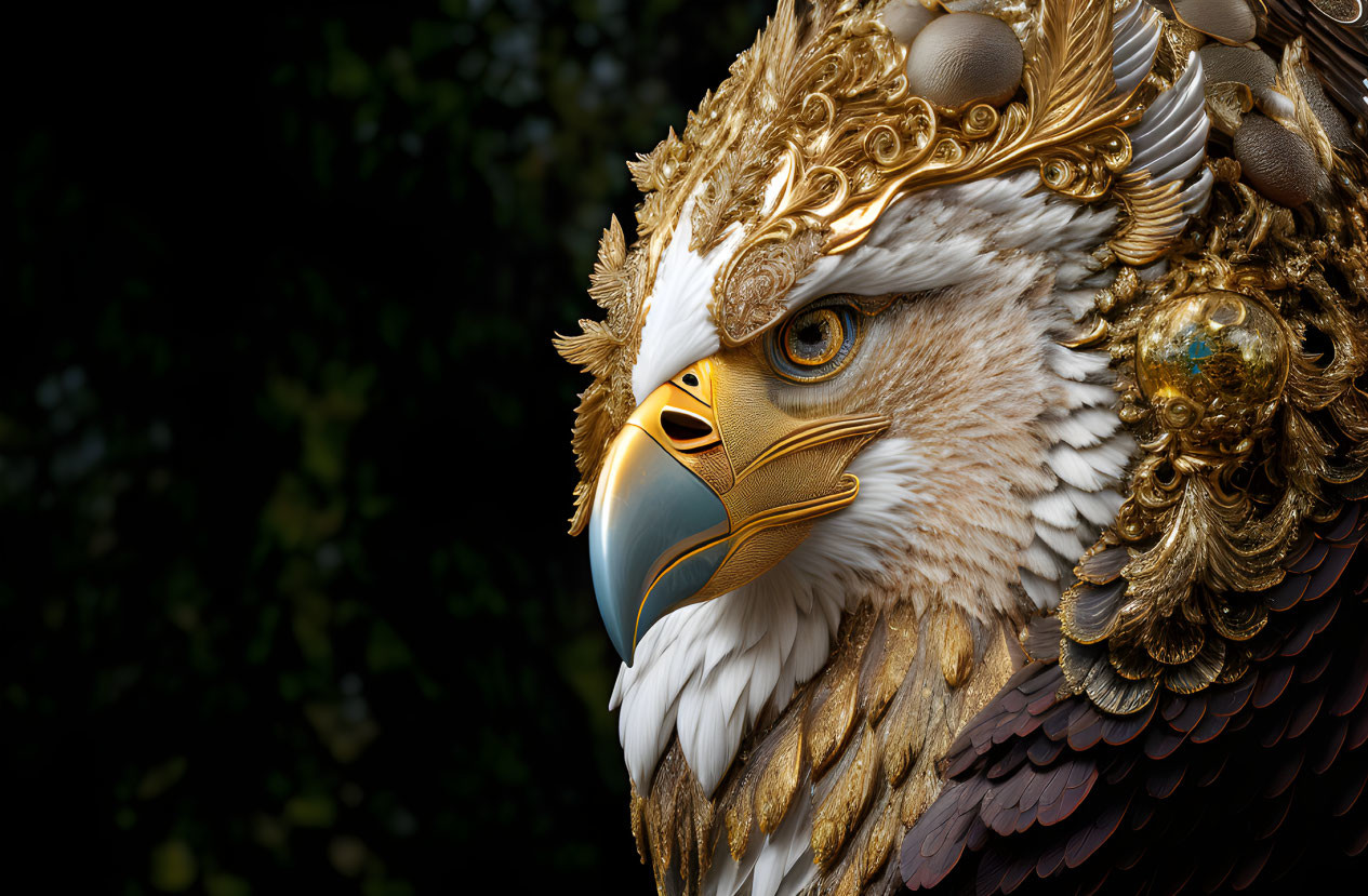 Digital artwork of majestic eagle in golden armor on dark background