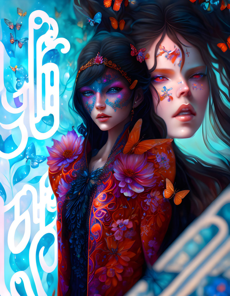 Digital artwork featuring two women with ornate makeup and floral adornments, surrounded by butterflies on a blue