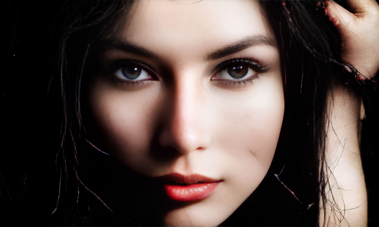 Portrait of Woman with Dark Hair and Intense Gaze